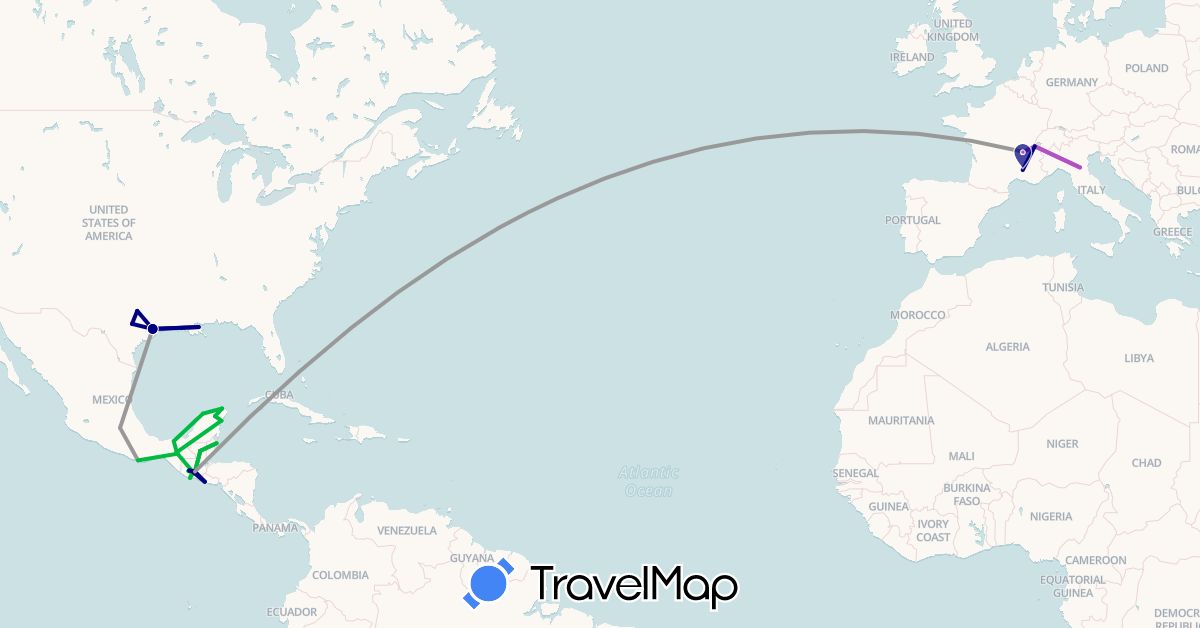 TravelMap itinerary: driving, bus, plane, train in Belize, Switzerland, France, Guatemala, Italy, Mexico, El Salvador, United States (Europe, North America)